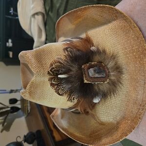 Stylish Tan Cowboy Hat with Feather Accent